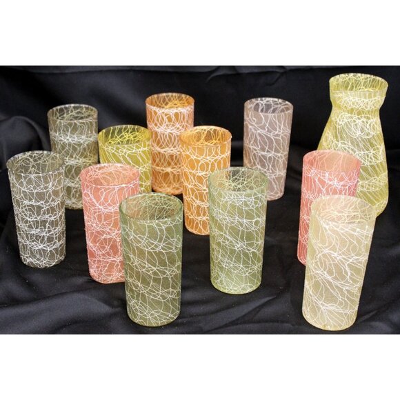 VTG 50s/60s Colorcraft Spaghetti String Carafe Pitcher Glasses Shat-r-Proof Tumb - Picture 1 of 15